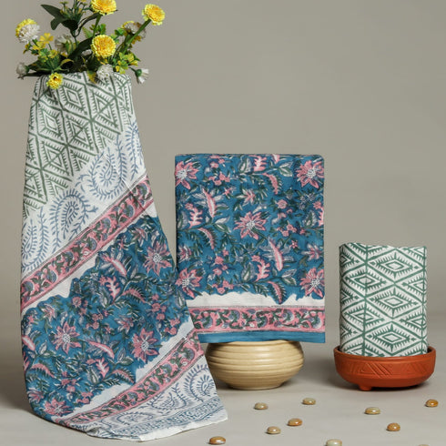 Floral Hand Block Print Cotton Suit Set with Mulmul Dupatta (PRMUL54)